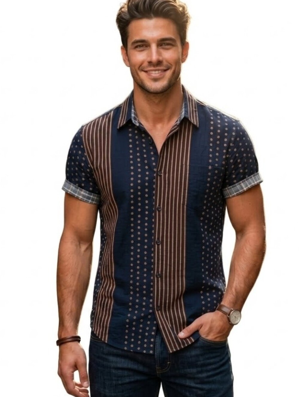 Vatpave Shirt Button Down Short Sleeve  Mens Polka dot and Stripe Navy Size M